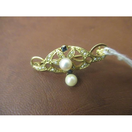 187 - 9CT GOLD SEED PEARL AND SAPPHIRE BROOCH