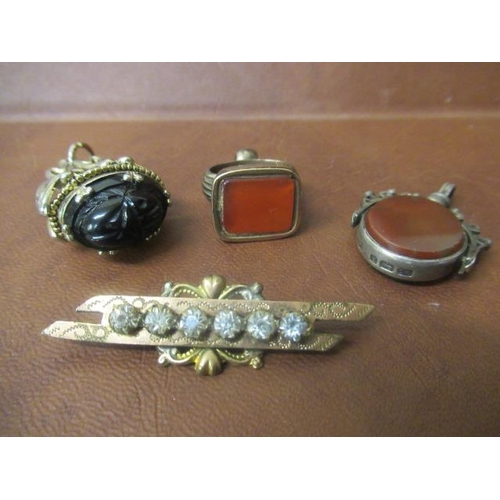 215 - THREE FOBS AND STONE SET BROOCH