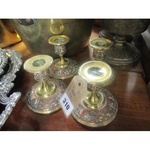 310 - TWO PAIRS OF BRASS AND COPPER CANDLESTICKS