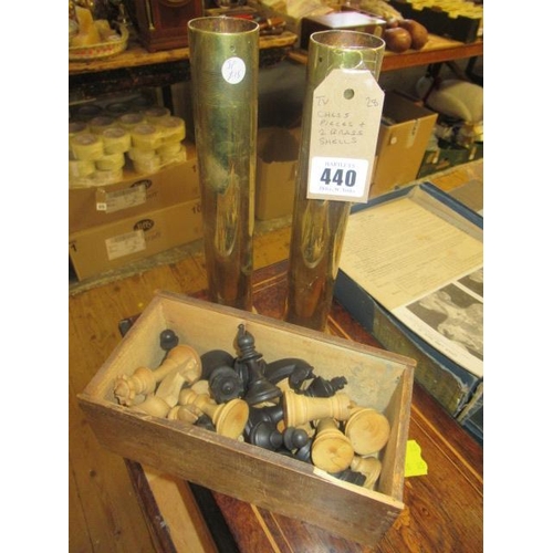 440 - CHESS PIECES AND TWO BRASS SHELL CASES