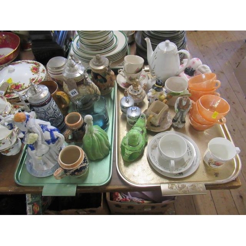 454 - TWO TRAYS OF CERAMICS INCLUDING ORNAMENTS AND STEINS ETC