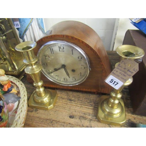 517 - PAIR OF BRASS CANDLESTICKS AND A RETRO MANTLE CLOCK