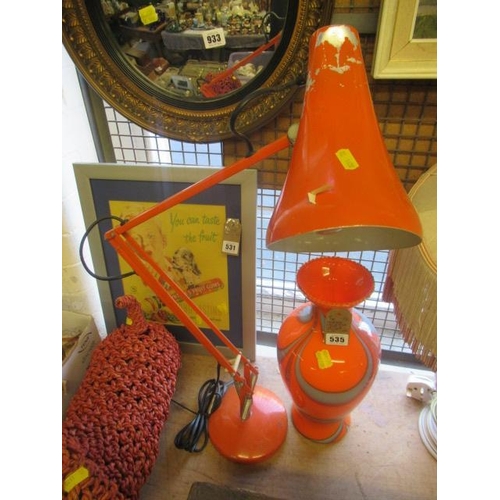 535 - ORANGE ANGLE POISE LAMP AND ORANGE GLASS VASE