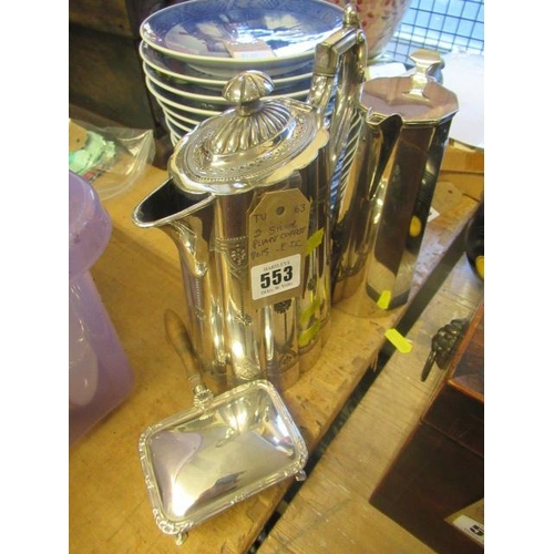 553 - TWO SILVER PLATED COFFEE POTS ETC