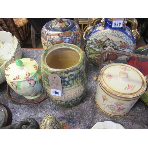 600 - TWO BISCUIT BARRELS AND A SUGAR JAR