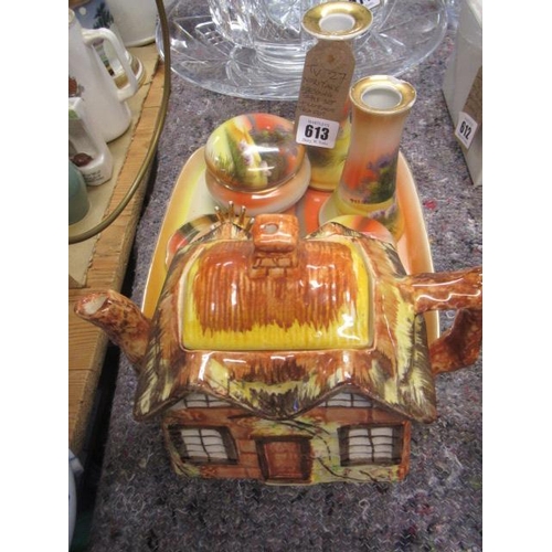 613 - NORITAKE DRESSING TABLE SET AND A COTTAGE TEAPOT