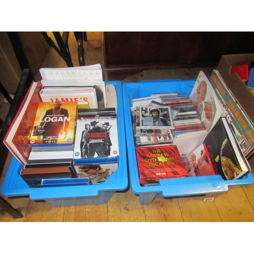 652 - TWO BLUE CRATES OF DVDS  CDS  BOOKS AND RECORDS