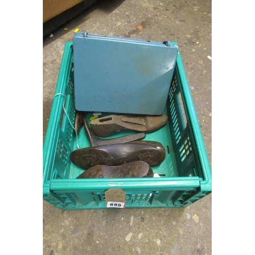 695 - BOX OF CAST IRON FOOT LASTS AND WEIGHING SCALES