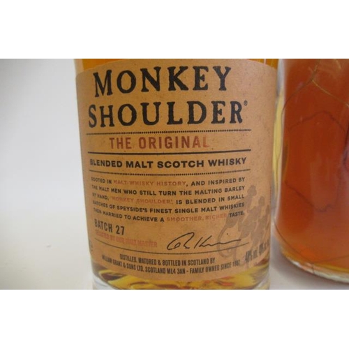 167 - Three bottles of whisky, comprising one 15yr old Dimple Fine Old Original, one bottle Monkey Shoulde... 