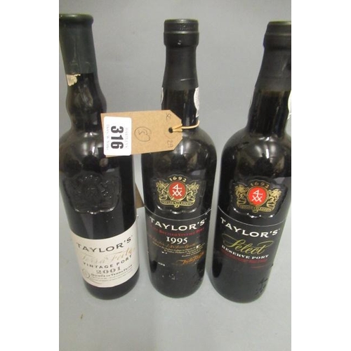 316 - Three bottles of Taylor's port, comprising 1 1995 LBV, 1 2001 Terra Feita vintage port, and 1 Select... 