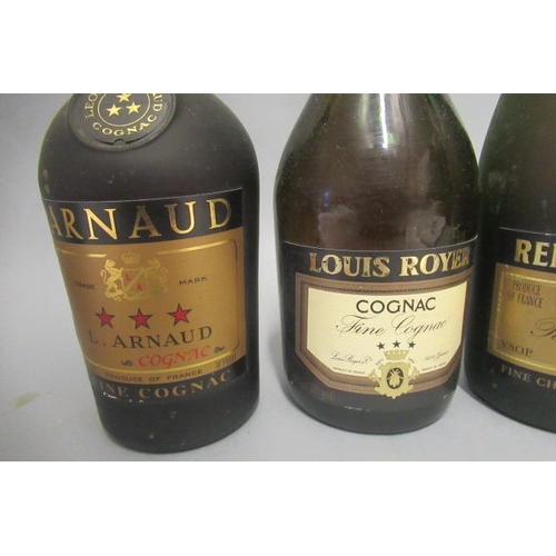 37 - 4 bottles of cognac, comprising 2 bottles Remy Martin VSOP, 1 Louis Royer 3 star and 1 Arnaud 3 star