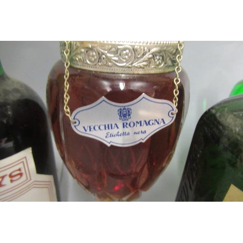 45 - 5 bottles of Spirits & Liqueur, comprising 1 decanter Vecchia Romagna brandy, 1 Gordon's Specila Dry... 