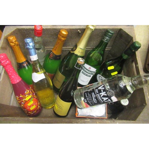 69 - A crate of mixed wine and spirits, comprising 1litre Rachmaninoff vodka, 1 litre V-Kat dry schnapps,... 