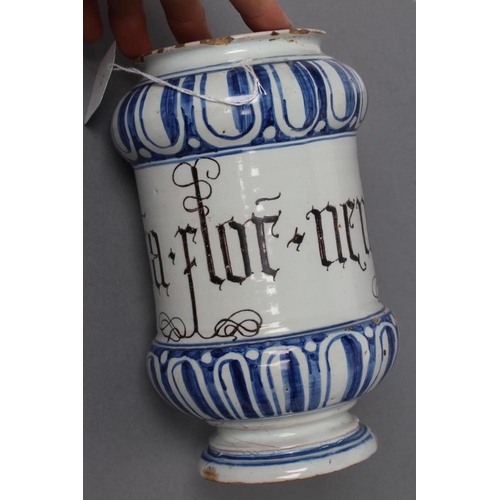 10 - AN ITALIAN MAIOLICA ALBARELLO, c.1700, of waisted cylindrical form, titled in manganese 