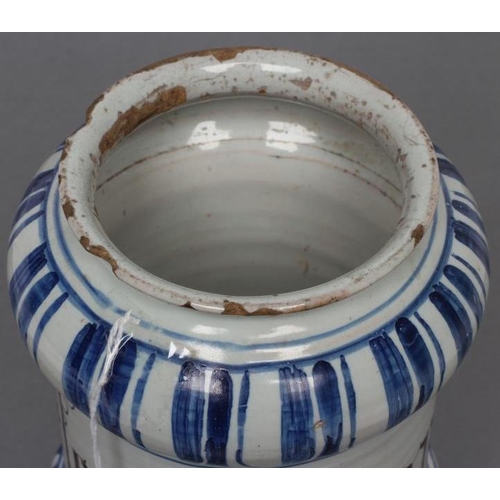 10 - AN ITALIAN MAIOLICA ALBARELLO, c.1700, of waisted cylindrical form, titled in manganese 