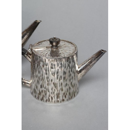 110 - ATTRIBUTED TO CHRISTOPHER DRESSER, a teapot and hot water jug, maker Hukin & Heath, of plain taperin... 