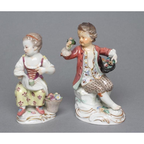 12 - TWO MEISSEN PORCELAIN FIGURES, late 19th century, modelled as a young gardener in 18th century style... 