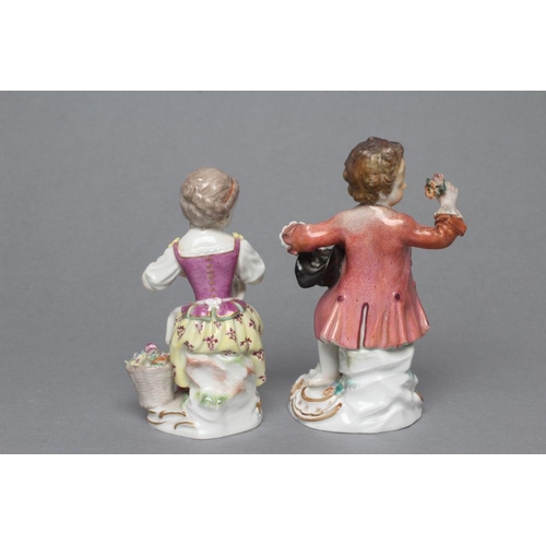 12 - TWO MEISSEN PORCELAIN FIGURES, late 19th century, modelled as a young gardener in 18th century style... 