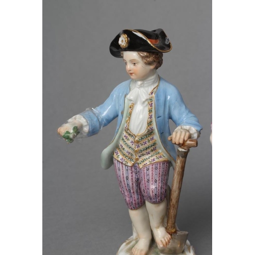 13 - TWO MEISSEN PORCELAIN FIGURES, late 19th century, modelled as a young gardener in 18th century style... 