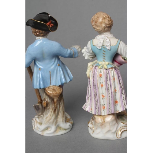 13 - TWO MEISSEN PORCELAIN FIGURES, late 19th century, modelled as a young gardener in 18th century style... 