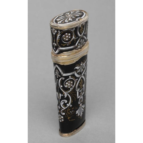 139 - A LIMOGES ENAMEL SCENT BOTTLE, early 19th century, of flared flattened oval section, the black groun... 