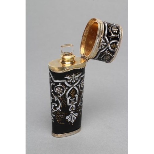 139 - A LIMOGES ENAMEL SCENT BOTTLE, early 19th century, of flared flattened oval section, the black groun... 