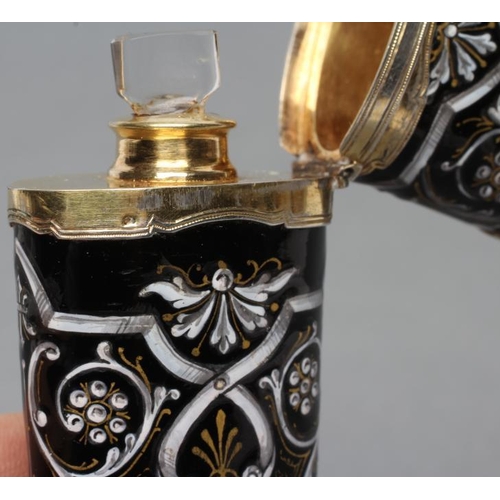 139 - A LIMOGES ENAMEL SCENT BOTTLE, early 19th century, of flared flattened oval section, the black groun... 