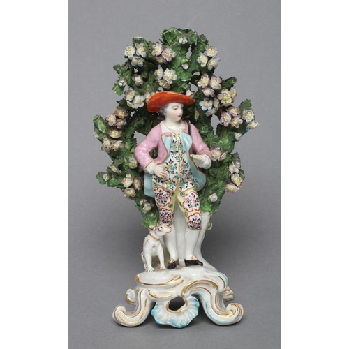 15 - A CHELSEA PORCELAIN FIGURE, c.1765, modelled as a young gentleman wearing a broad brimmed hat, pink ... 