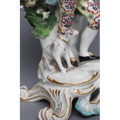 15 - A CHELSEA PORCELAIN FIGURE, c.1765, modelled as a young gentleman wearing a broad brimmed hat, pink ... 