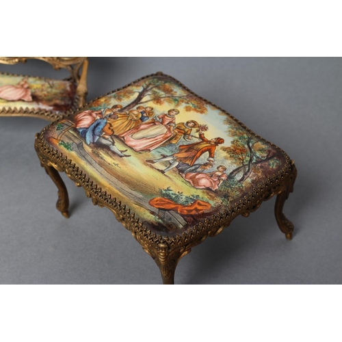 160 - AN AUSTRIAN GILT METAL AND ENAMEL MINIATURE BOUDOIR SET, painted in colours with figures in 18th cen... 