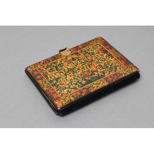 165 - A PERSIAN LACQUERED VISITING CARD CASE, mid 19th century, of plain oblong form, painted in colours a... 