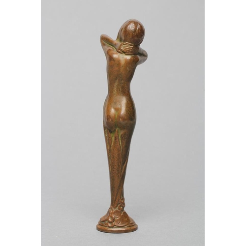 168 - A GENTLEMAN'S ART NOUVEAU BRONZE HAND SEAL, cast as a nubile young female nude with long flowing hai... 