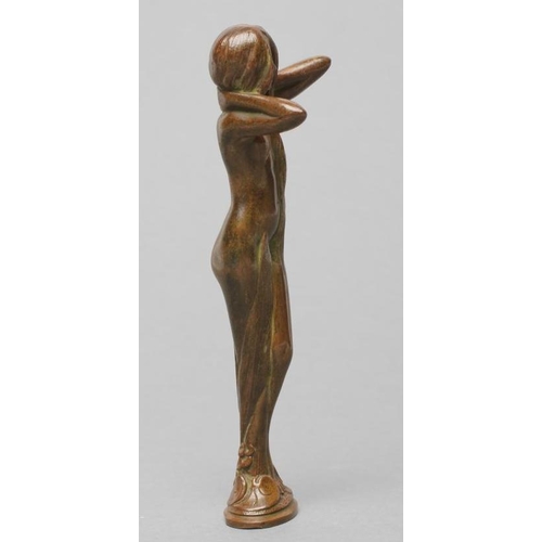 168 - A GENTLEMAN'S ART NOUVEAU BRONZE HAND SEAL, cast as a nubile young female nude with long flowing hai... 