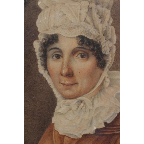 176 - ENGLISH SCHOOL (Early/Mid 19th Century), A Lady in a Brown Dress and White Bonnet, oval watercolour ... 