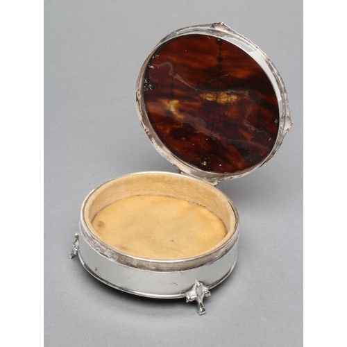 193 - A SILVER AND TORTOISESHELL DRESSING TABLE BOX, maker Adie Bros. Ltd., Birmingham 1929, of circular f... 