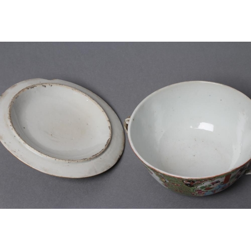 2 - A CANTONESE PORCELAIN ECUELLE AND COVER of circular form with two entwined handles, painted in famil... 