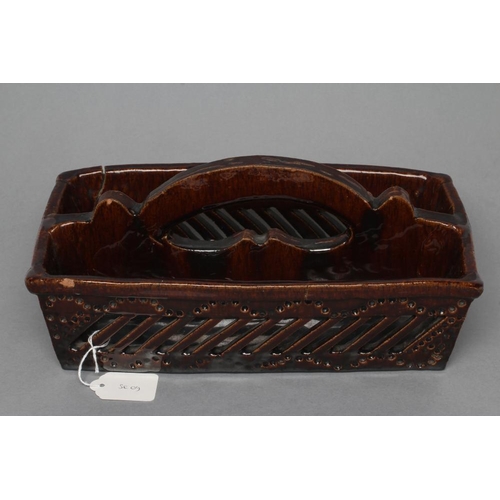 21 - AN ENGLISH TREACLE GLAZED STONEWARE SLAB BUILT CUTLERY TRAY, mid 19th century, of plain oblong form,... 