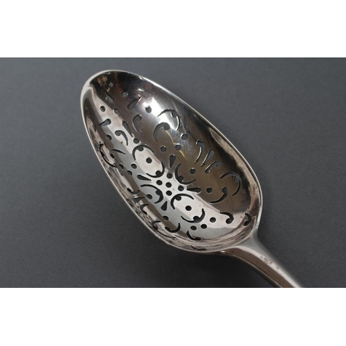 222 - A LARGE PRICKET SPOON, maker probably William Wooler, London 1764, of typical form with arrow head f... 