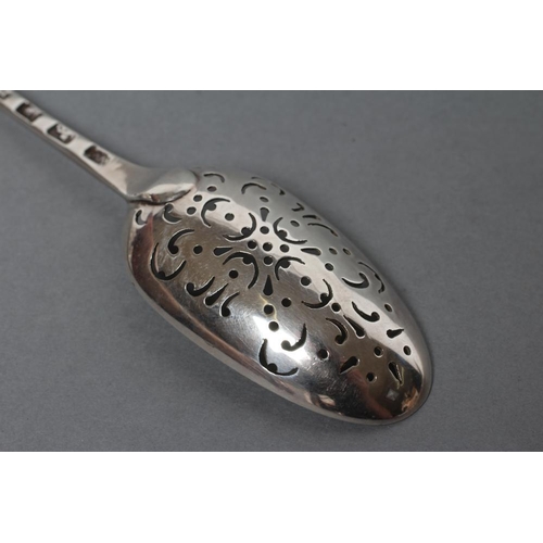 222 - A LARGE PRICKET SPOON, maker probably William Wooler, London 1764, of typical form with arrow head f... 