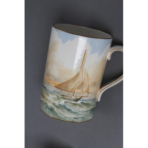 24 - A ROYAL CROWN DERBY CHINA MUG, 1940, of plain cylindrical form, painted by W E J Dean with a continu... 