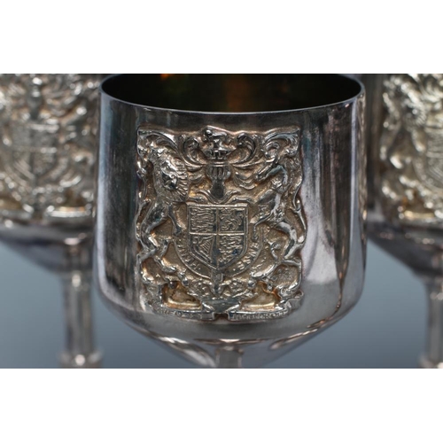 250 - A SET OF THREE GOBLETS, maker Sterling Silverware Ltd., Sheffield 1977, the bucket bowls cast and ap... 