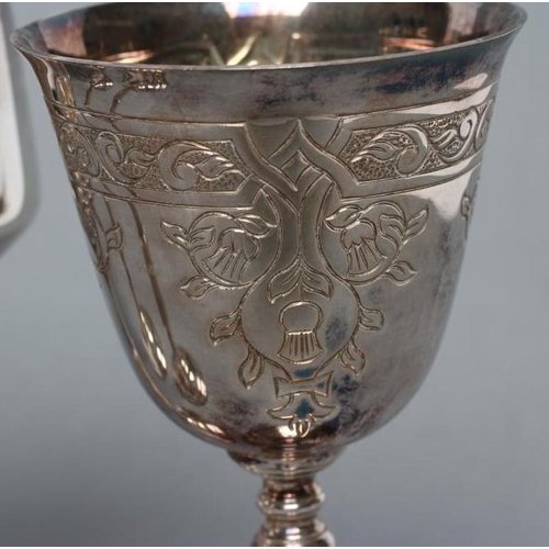 250 - A SET OF THREE GOBLETS, maker Sterling Silverware Ltd., Sheffield 1977, the bucket bowls cast and ap... 