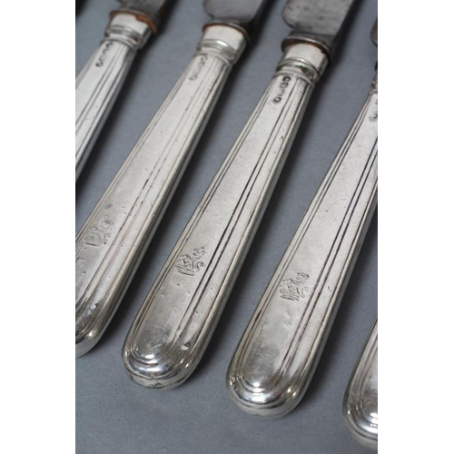 279 - A SET OF TWELVE WILLIAM IV DESSERT KNIVES, maker's mark SP, London 1837, the reeded stamped and fill... 