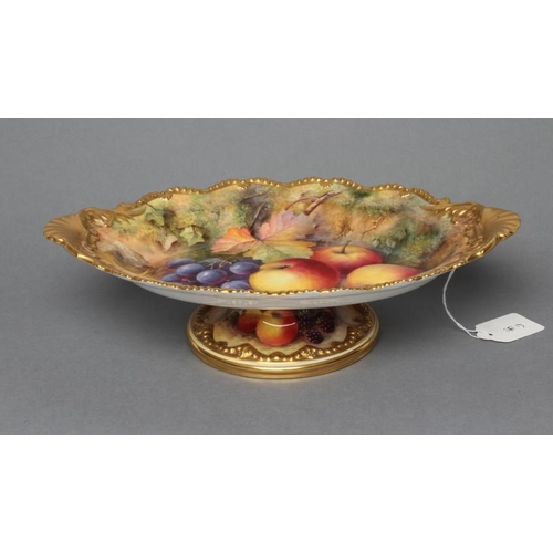 28 - A ROYAL WORCESTER CHINA LOW PEDESTAL DISH, 1930, of lobed oval form with two escallop shell lug hand... 