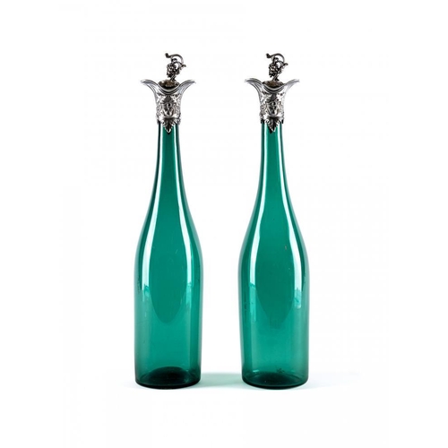 302 - A PAIR OF VICTORIAN BRISTOL GREEN GLASS BOTTLE DECANTERS, maker Thomas Bradbury & Sons, Sheffield 18... 