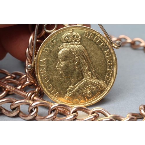 310 - A VICTORIA JH HEAD GOLD £2, 1887, hard mounted and pendant from a 9ct gold curb link Albert chain wi... 