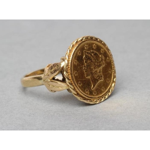 311 - A GOLD $1, 1853, loose mounted as a ring, shank mark rubbed, size J (Est. plus 21% premium inc. VAT)