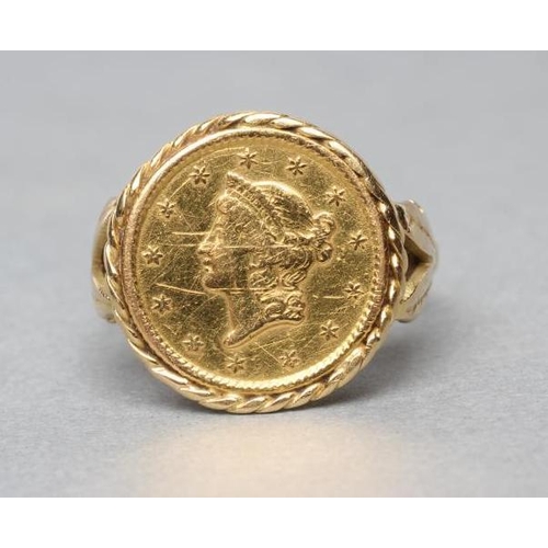 311 - A GOLD $1, 1853, loose mounted as a ring, shank mark rubbed, size J (Est. plus 21% premium inc. VAT)