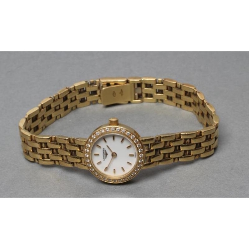 351 - A LADY'S LONGINES 18CT GOLD AND DIAMOND WRISTWATCH, the white dial with gilt batons, the quartz five... 