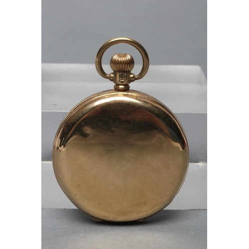 353 - A 9CT GOLD HALF HUNTER TOP WIND POCKET WATCH, the white enamel dial with black Roman numerals enclos... 